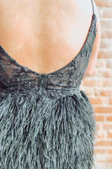 Straps Black Beaded Tight Homecoming Dress with Feathers