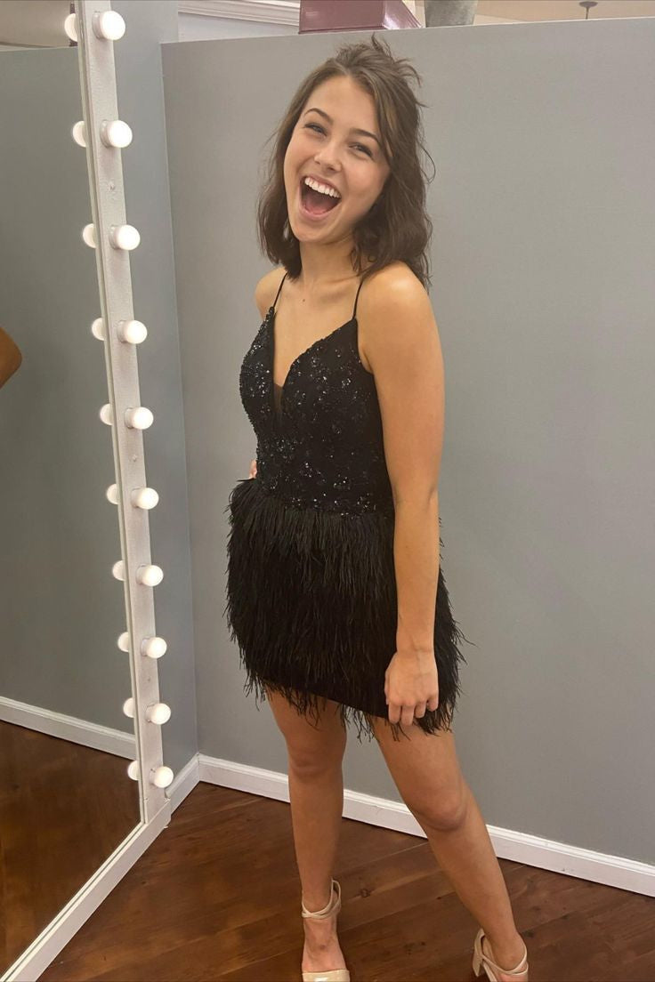 Straps Black Beaded Tight Homecoming Dress with Feathers
