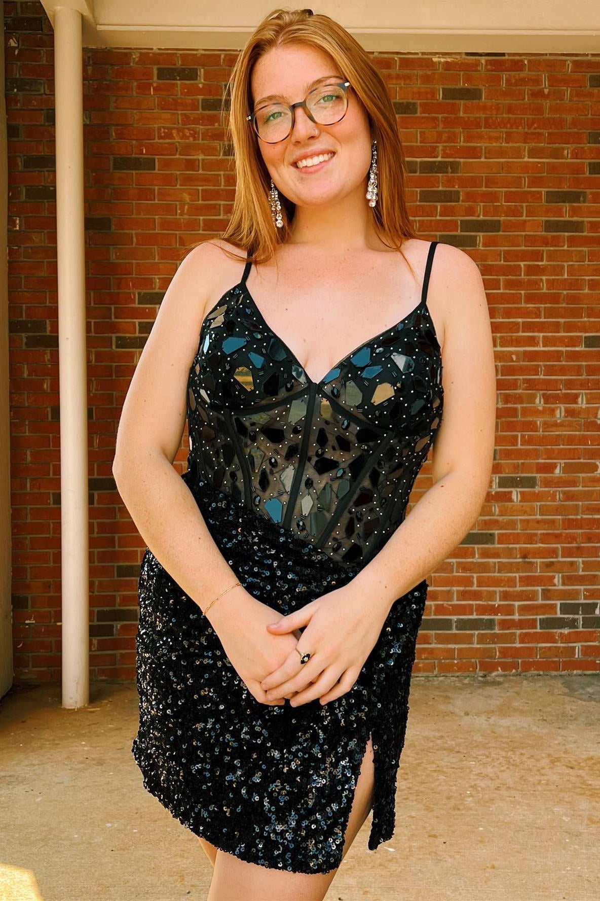 Straps Black Cut Mirror Sequin Tight Homecoming Dress with slit