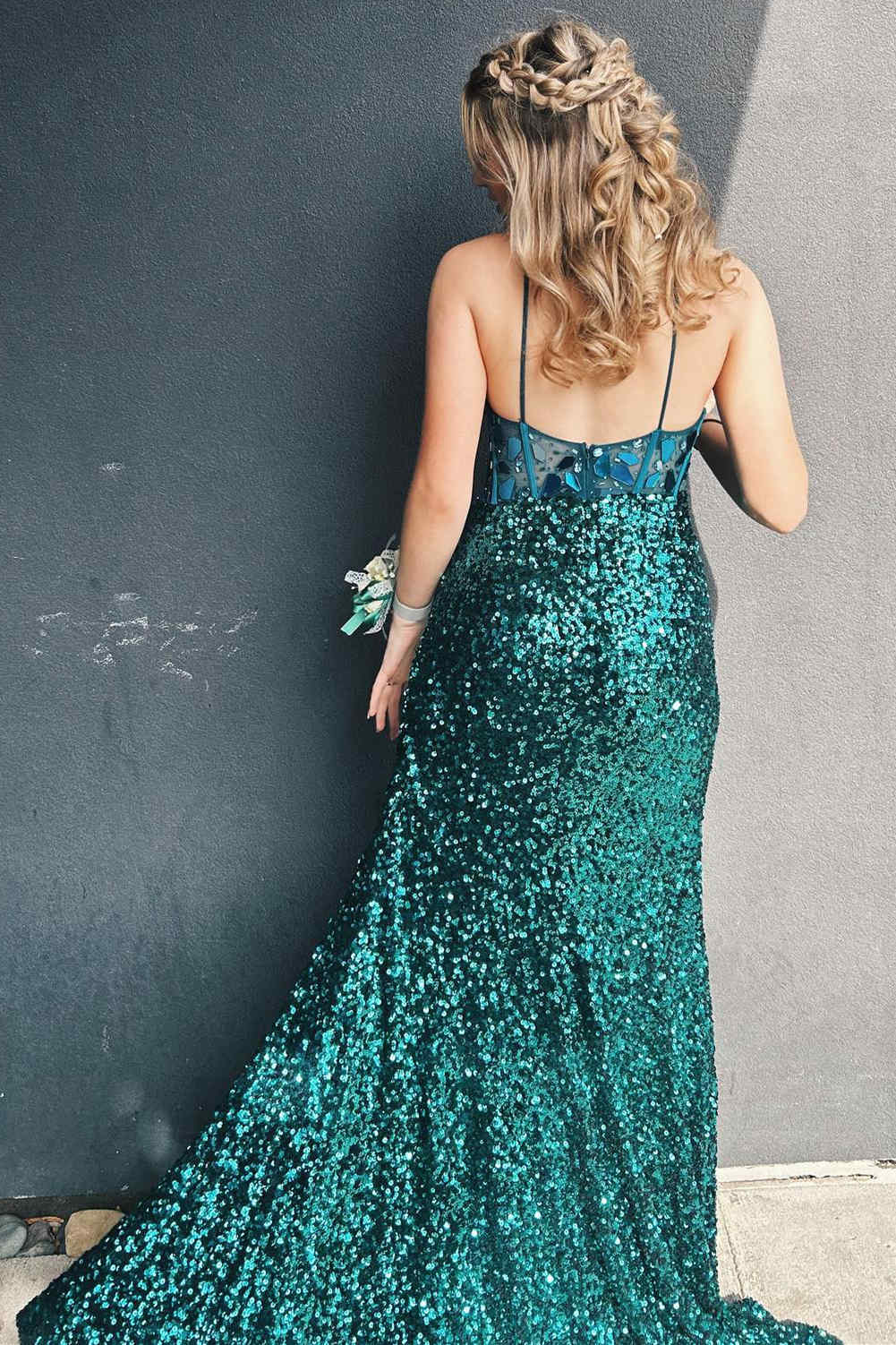 Straps Black V-Neck Mirror Sequin Long Prom Dress