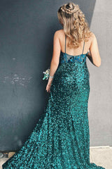 Straps Black V-Neck Mirror Sequin Long Prom Dress