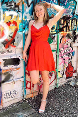 Straps Hot Pink Cowl Neck Short Party Dress