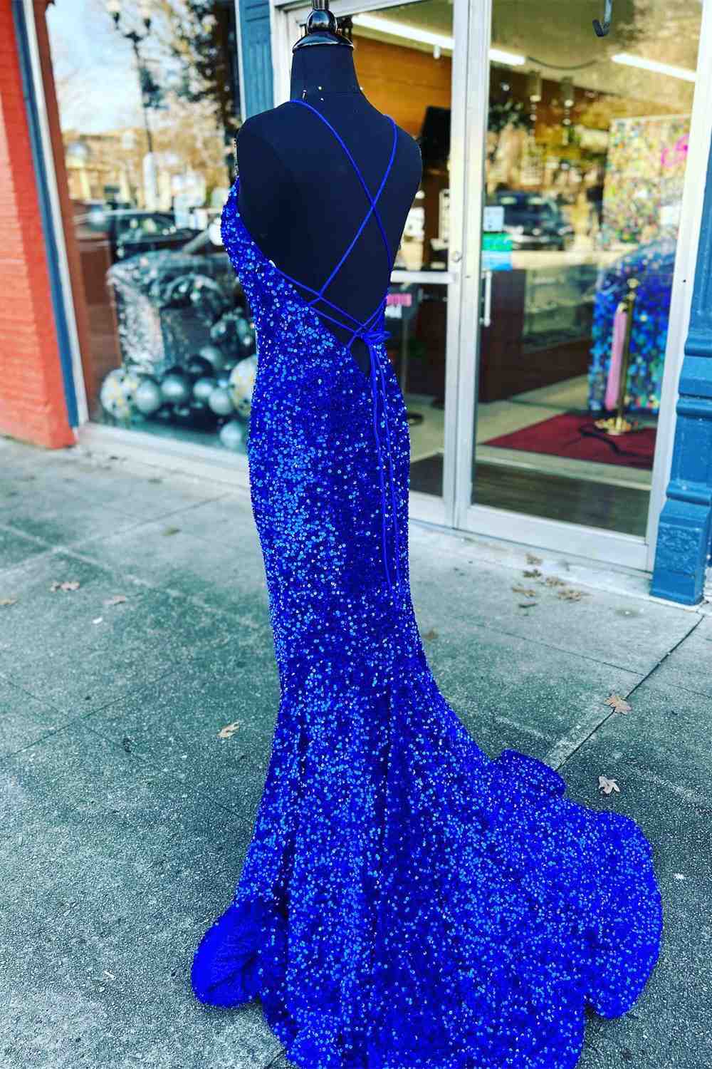 Straps Mermaid Royal Blue Seqins Long Prom Dress
