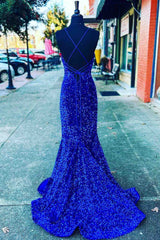Straps Mermaid Royal Blue Seqins Long Prom Dress
