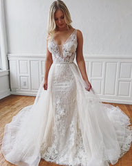 Straps Mermaid Wedding Dresses With Detachable Lace