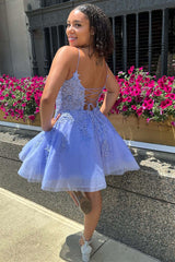 Straps Periwinkle Corset A-Line Homecoming Dress with Appliques