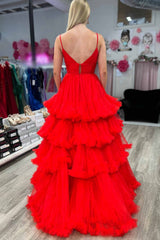 Straps Red Corset Tiered Tulle Long Formal Dress