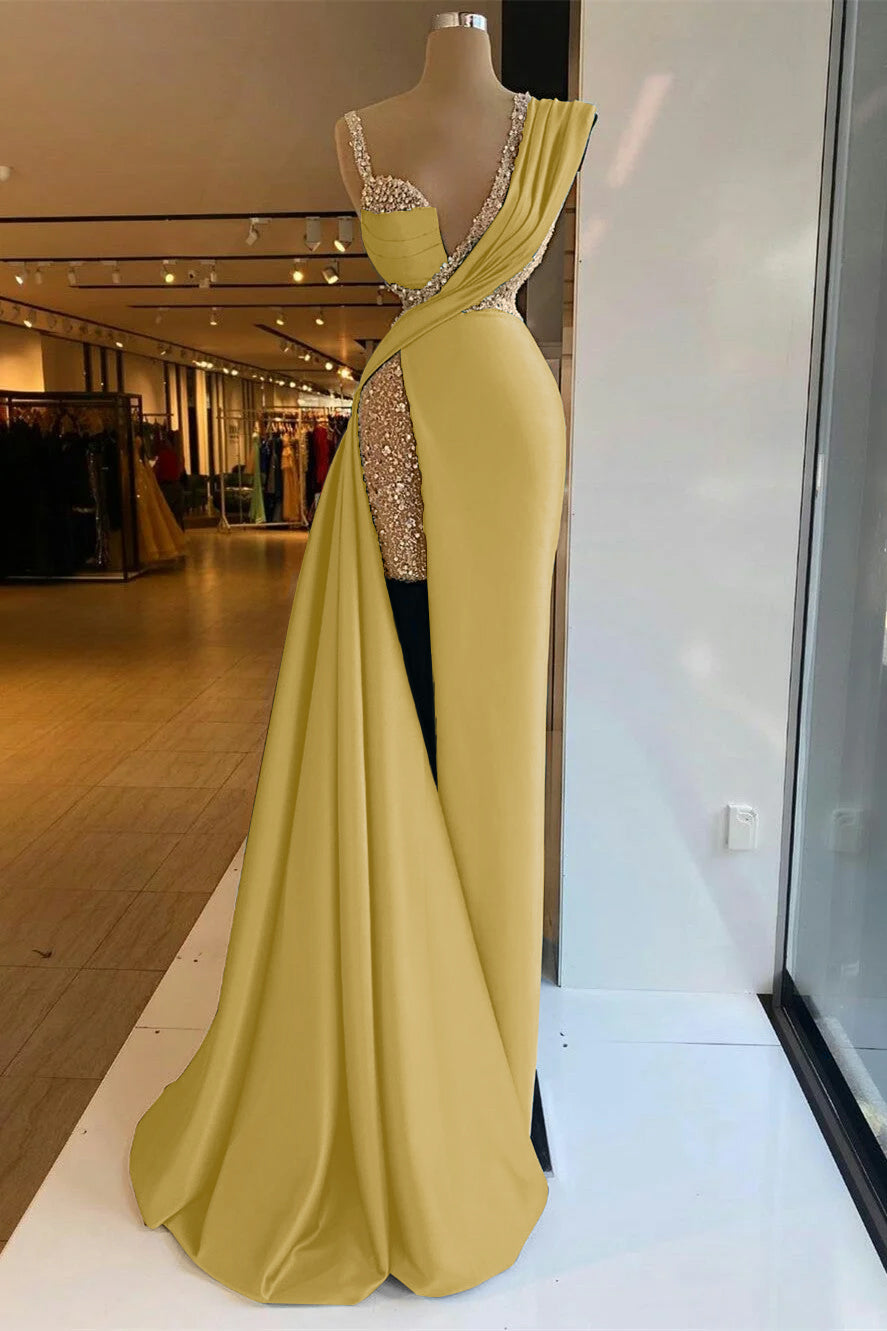 Long Prom Dress with Sequins, High Split and Ruffles