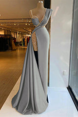 Long Prom Dress with Sequins, High Split and Ruffles