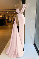 Long Prom Dress with Sequins, High Split and Ruffles