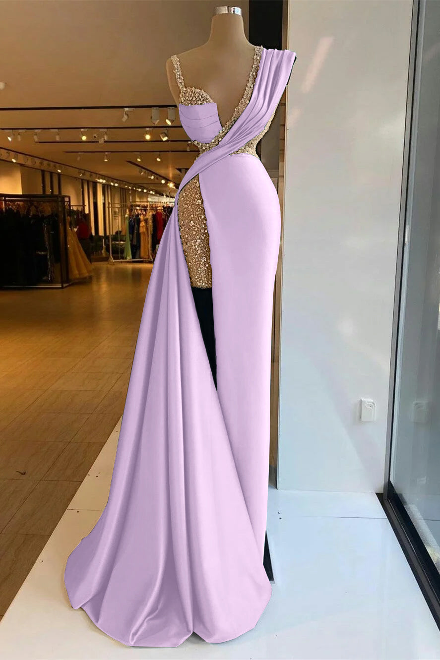 Long Prom Dress with Sequins, High Split and Ruffles