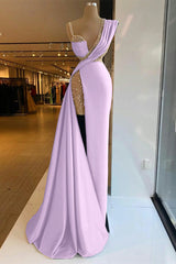 Long Prom Dress with Sequins, High Split and Ruffles