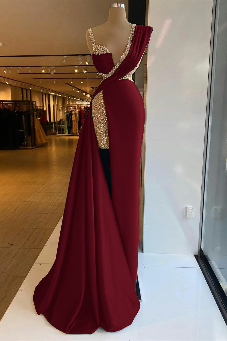 Long Prom Dress with Sequins, High Split and Ruffles