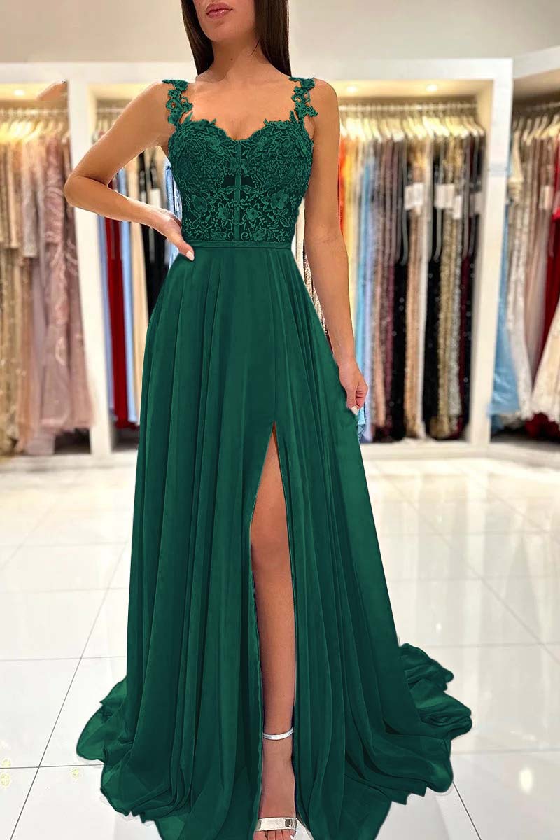 Spaghetti Strap A-Line Long Prom Dress with Split and Appliques