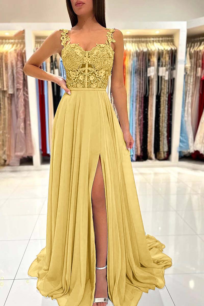 Spaghetti Strap A-Line Long Prom Dress with Split and Appliques