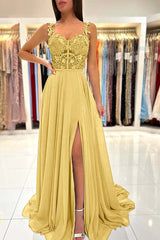 Spaghetti Strap A-Line Long Prom Dress with Split and Appliques