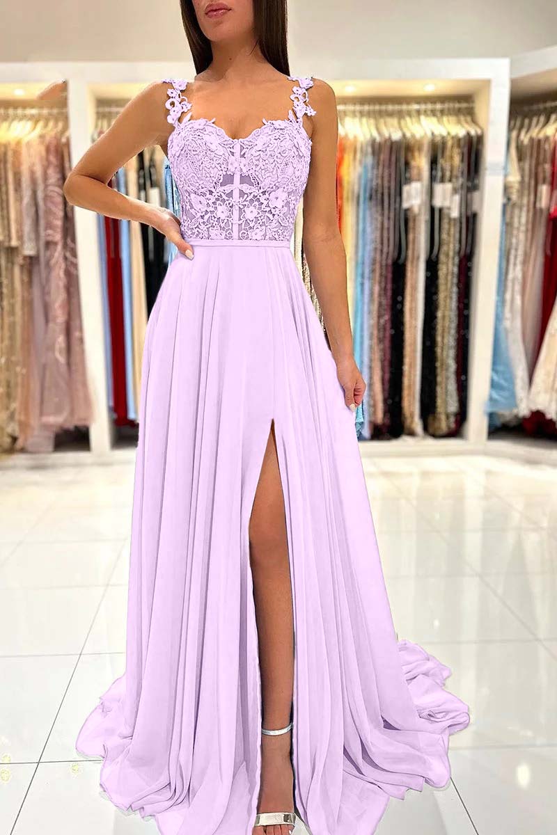 Spaghetti Strap A-Line Long Prom Dress with Split and Appliques