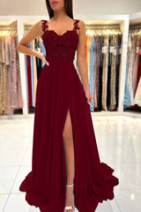 Spaghetti Strap A-Line Long Prom Dress with Split and Appliques