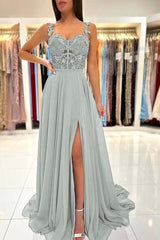 Spaghetti Strap A-Line Long Prom Dress with Split and Appliques