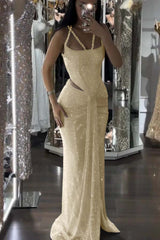 Mermaid Long Prom Dress with Sequins and Pleats