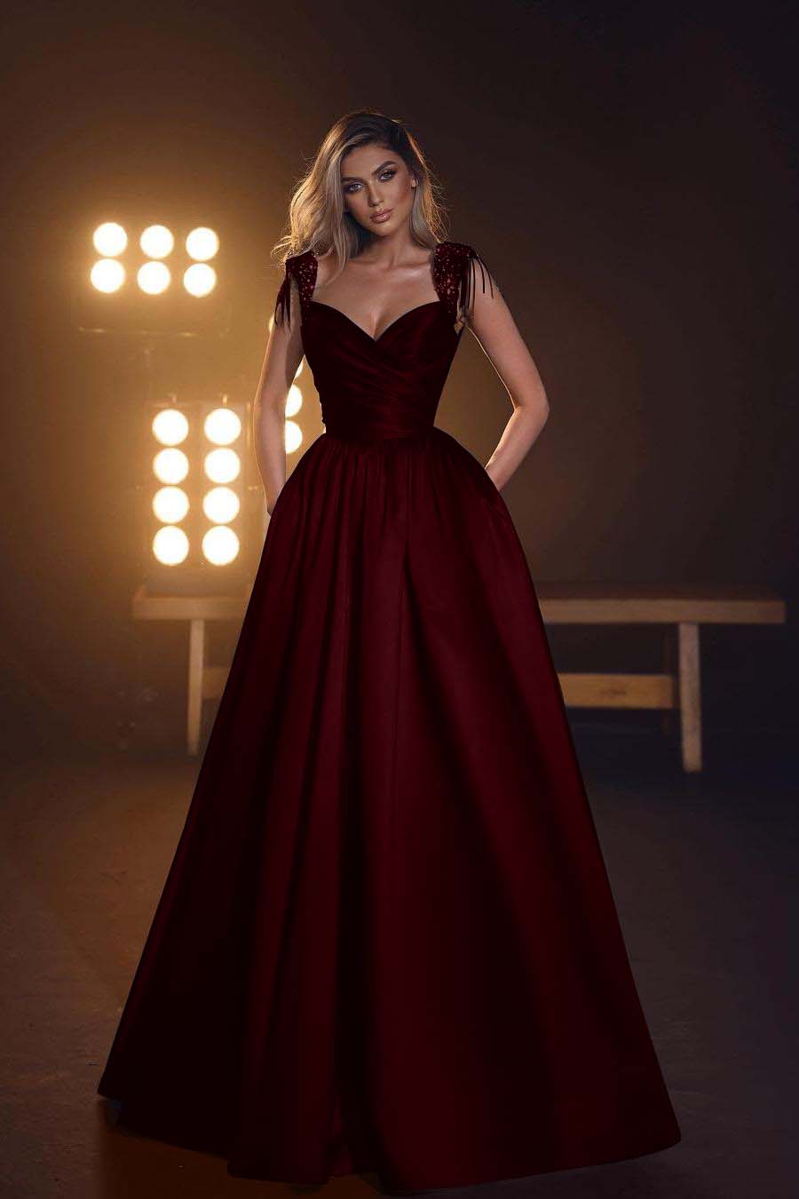 Sleeveless Long Prom Dress with Pockets, Sequins and Pleats