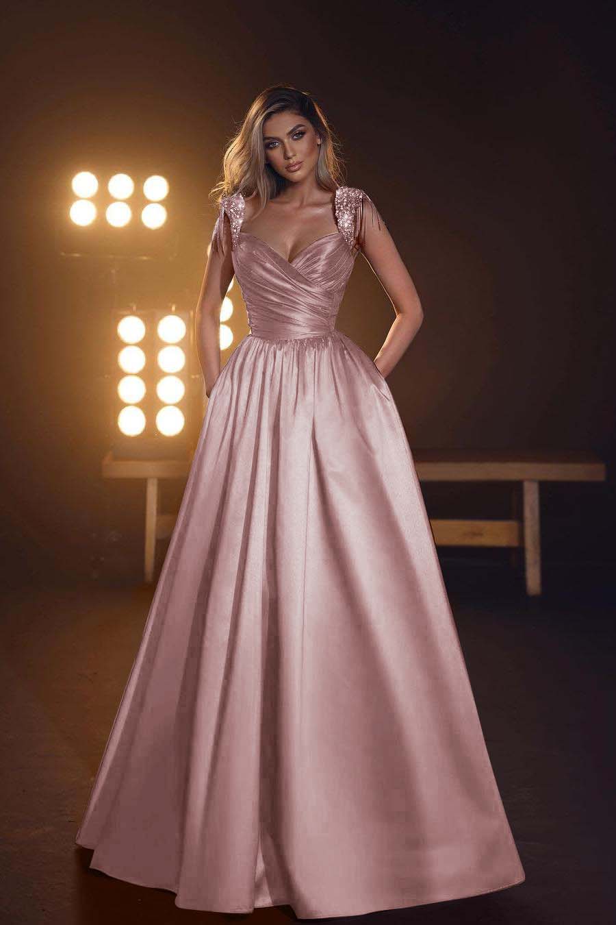 Sleeveless Long Prom Dress with Pockets, Sequins and Pleats