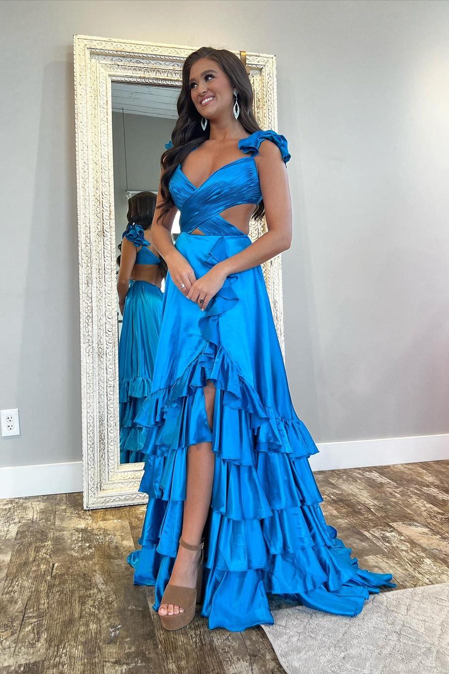 Sexy Spaghetti Strap Long Prom Dress with Split and Ruffles