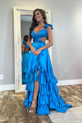 Sexy Spaghetti Strap Long Prom Dress with Split and Ruffles