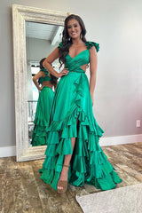 Sexy Spaghetti Strap Long Prom Dress with Split and Ruffles