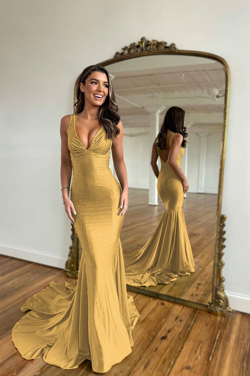 V Neck Mermaid Long Prom Dress with Appliques Straps