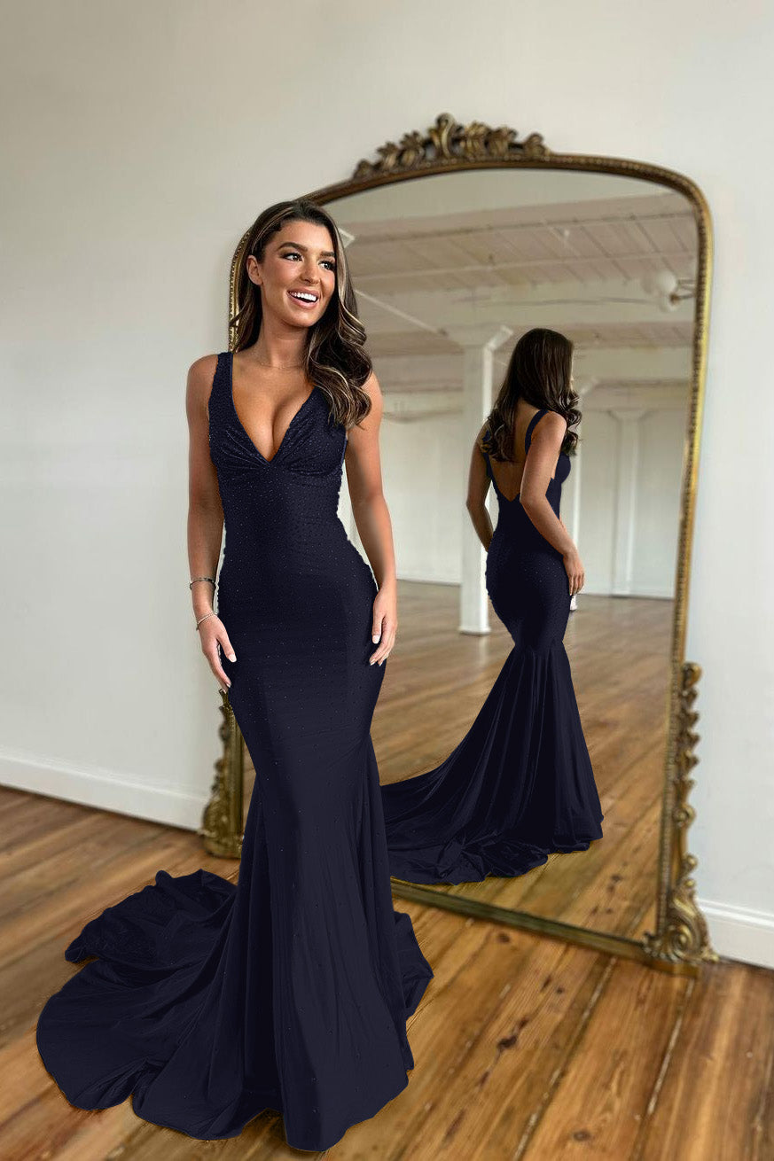 V Neck Mermaid Long Prom Dress with Appliques Straps