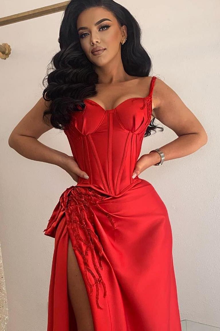 Sweetheart Spaghetti Strap Long Prom Dress with Split and Appliques