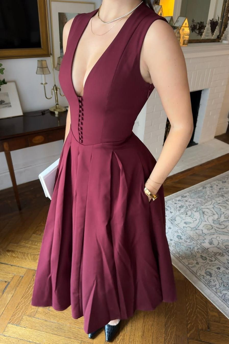 V Neck Tea Length A-Line Prom Dress with Pockets