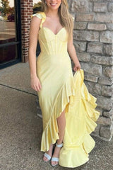 Straps Yellow Beaded Mermaid Prom Dress with Ruffle