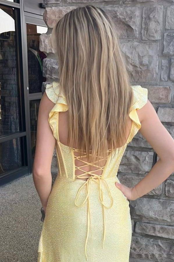 Straps Yellow Beaded Mermaid Prom Dress with Ruffle