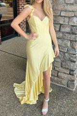Straps Yellow Beaded Mermaid Prom Dress with Ruffle