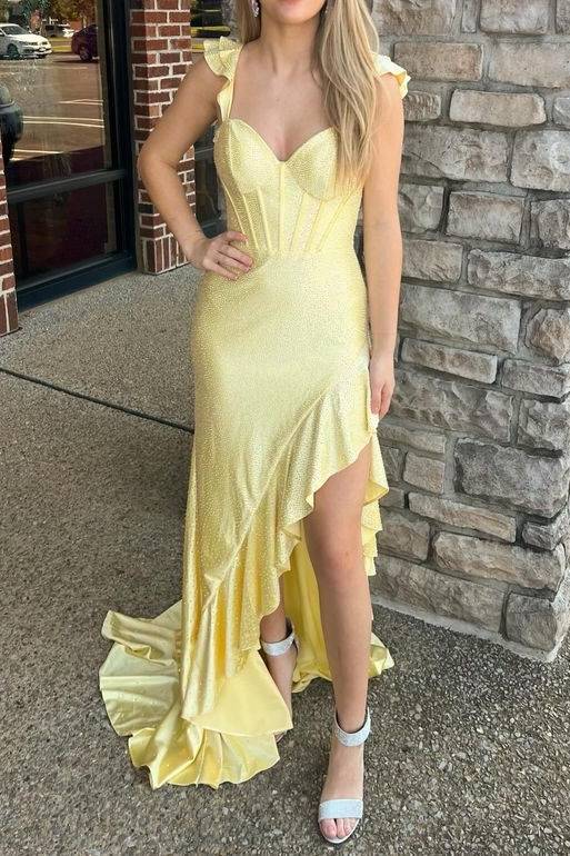 Straps Yellow Beaded Mermaid Prom Dress with Ruffle