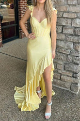 Straps Yellow Beaded Mermaid Prom Dress with Ruffle