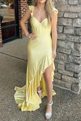 Straps Yellow Beaded Mermaid Prom Dress with Ruffle