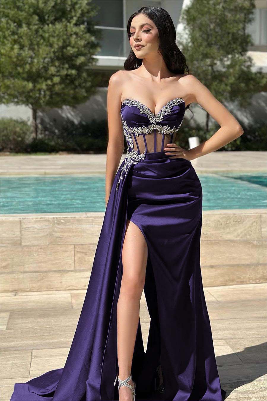 Stunning Black Strapless Long Prom Dress with Beading, Split and Pleated