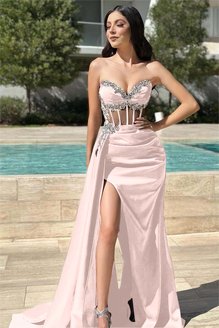Stunning Black Strapless Long Prom Dress with Beading, Split and Pleated