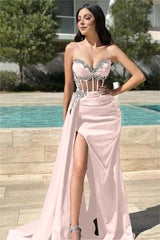 Stunning Black Strapless Long Prom Dress with Beading, Split and Pleated