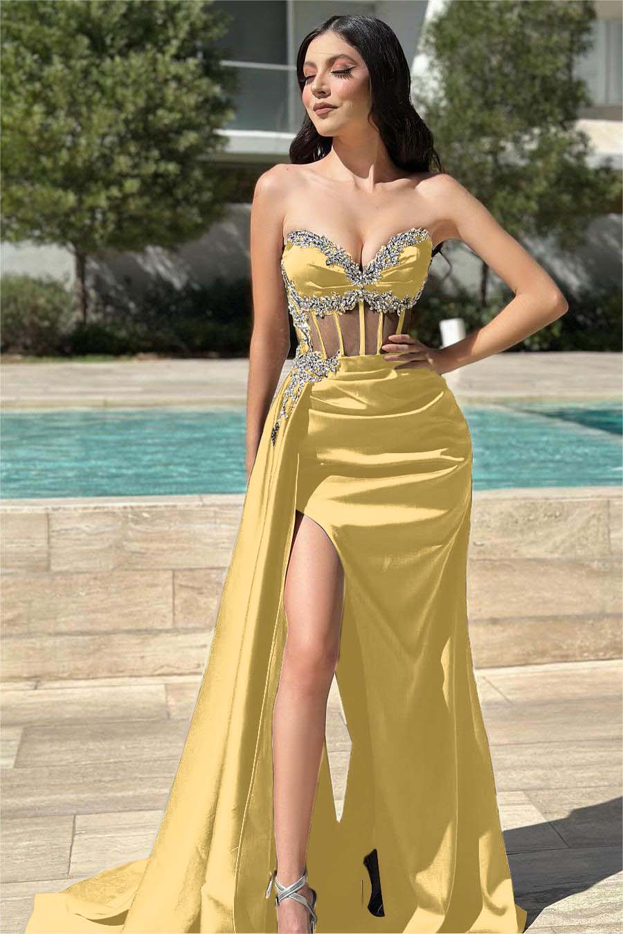 Stunning Black Strapless Long Prom Dress with Beading, Split and Pleated