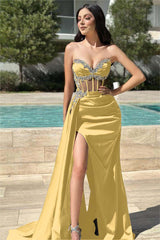 Stunning Black Strapless Long Prom Dress with Beading, Split and Pleated