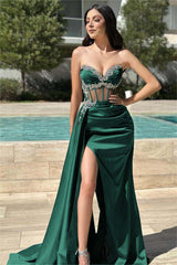 Stunning Black Strapless Long Prom Dress with Beading, Split and Pleated