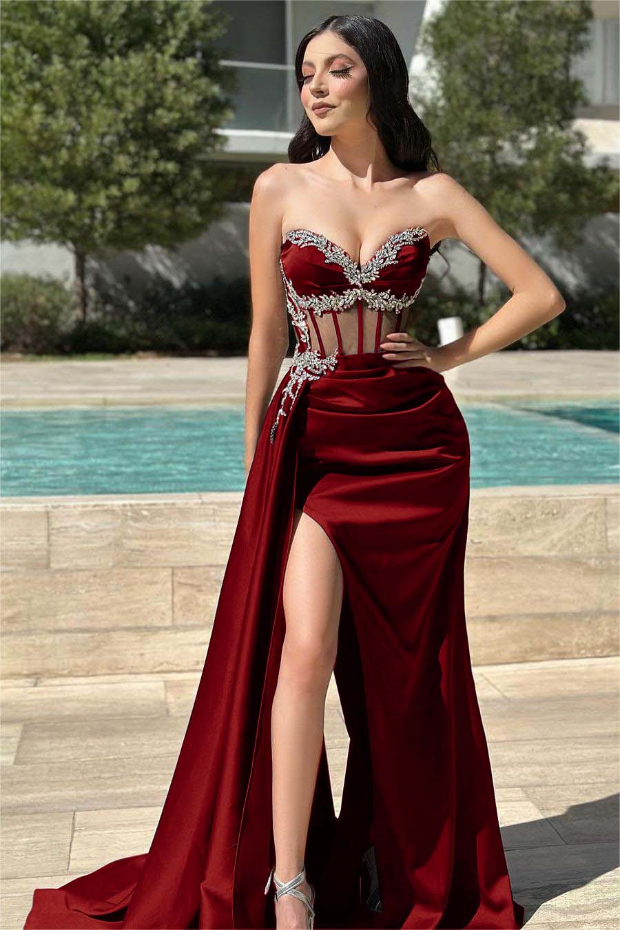 Stunning Black Strapless Long Prom Dress with Beading, Split and Pleated