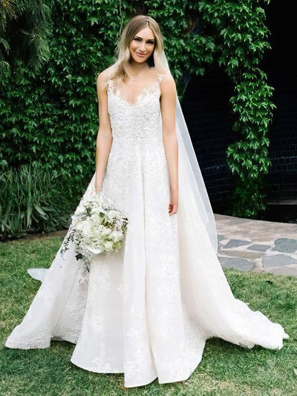 Stunning Illusion Lace Ball Gown Wedding Dress with Pockets