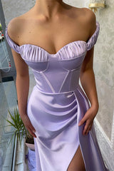Stunning Lilac Off-the-Shoulder Evening Dress Long Split with Ruffle