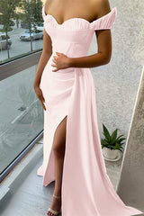 Stunning Lilac Off-the-Shoulder Evening Dress Long Split with Ruffle