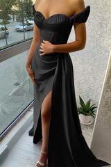 Stunning Lilac Off-the-Shoulder Evening Dress Long Split with Ruffle